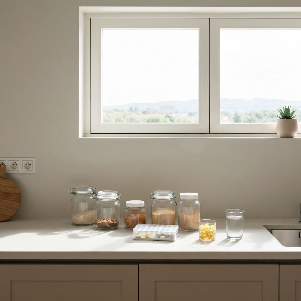 Morgenset mit Supplements auf heller österreichischer Küchentheke