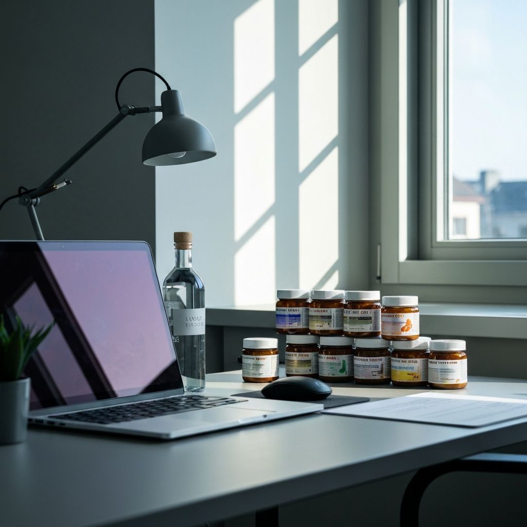 Supplements neben Laptop auf hellem Schreibtisch